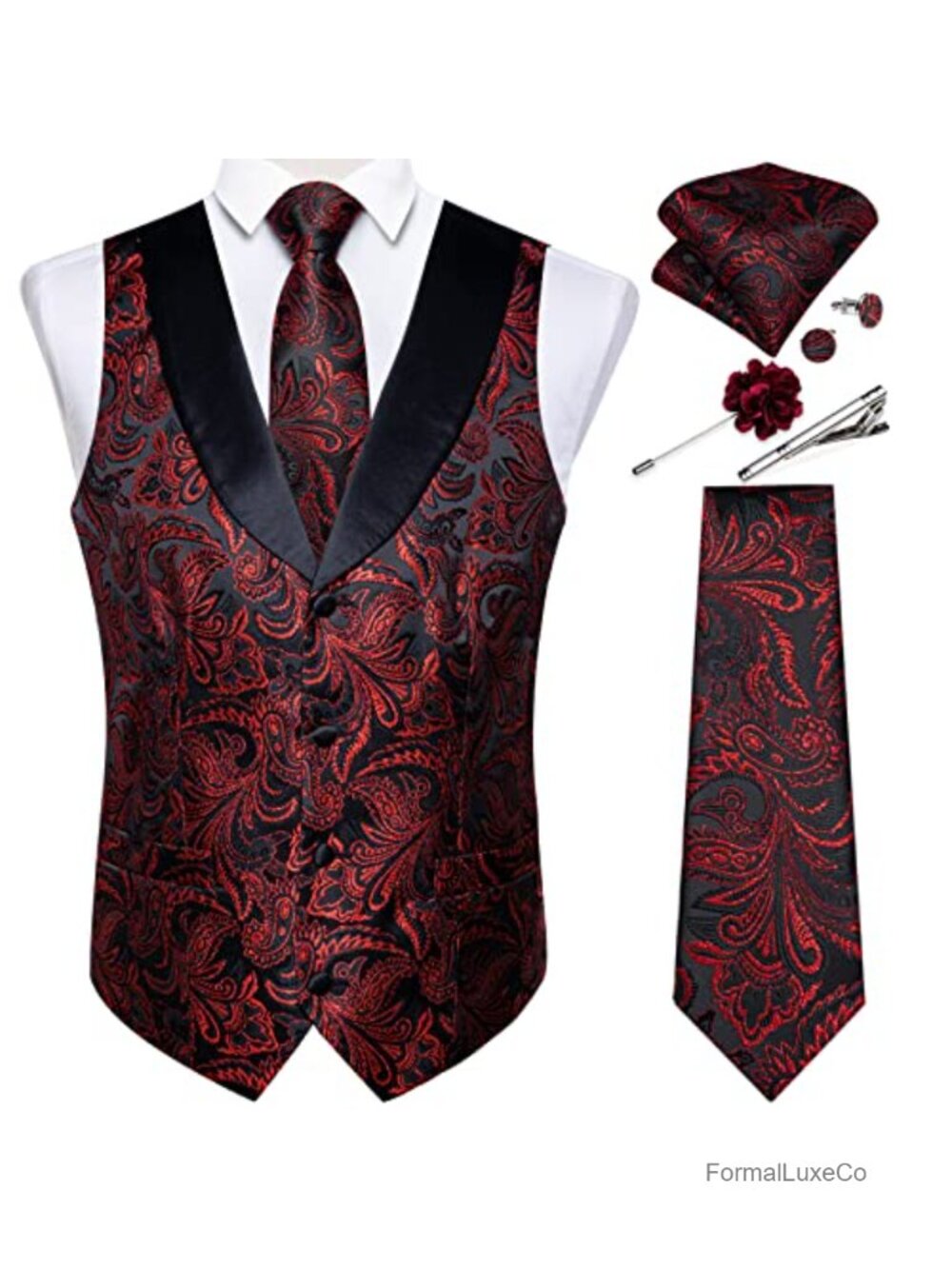 DiBanGu Mens Paisley Suit Vest Silk Jacquard Waistcoat Necktie Set 7PCS